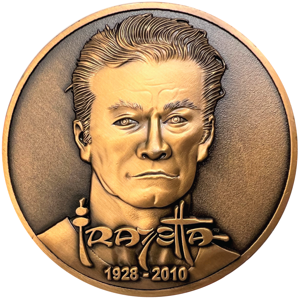 Copper metal coin showing Frazetta portrait, name, and years 1928-2010