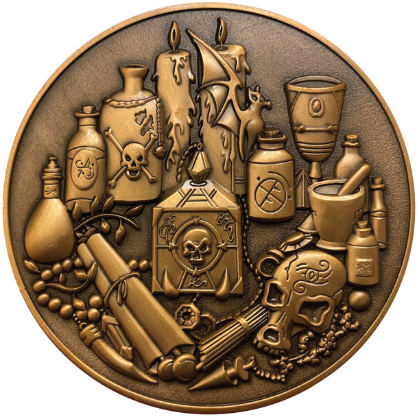 Copper metal coin showing spell supplies