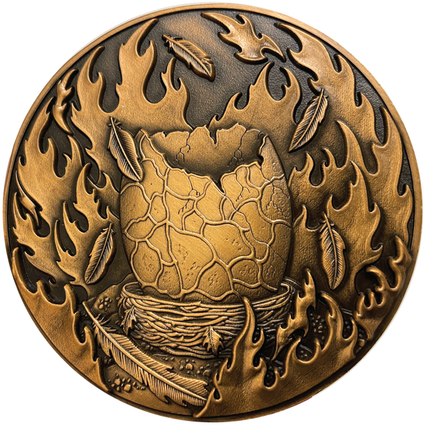 Copper metal coin showing egg surrounded by flames