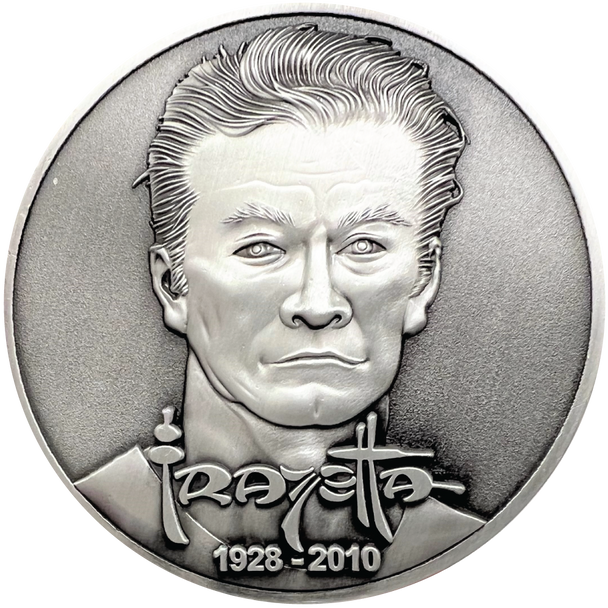 Silver Metal coin showing Frazetta portrait, name, and years 1928-2010