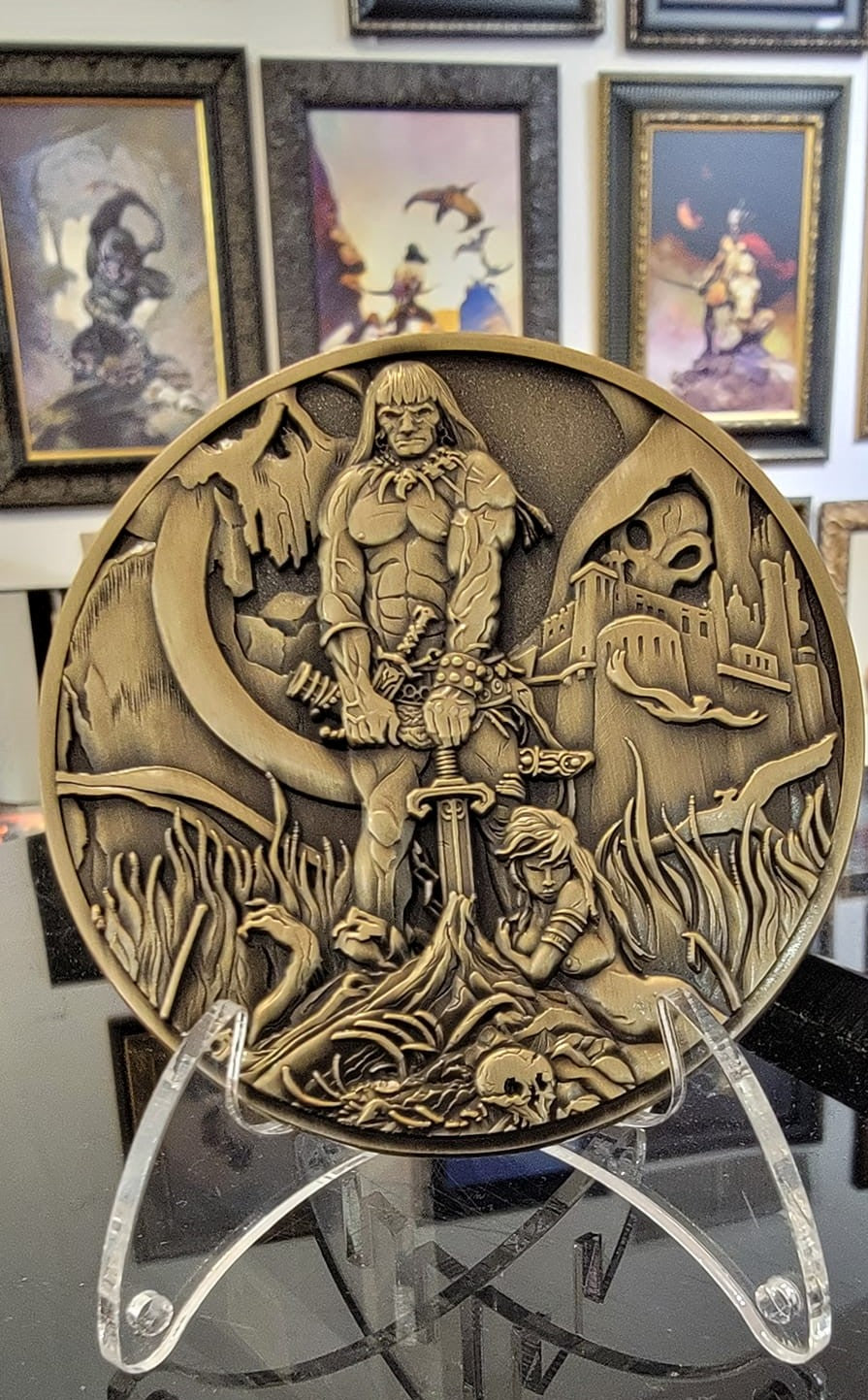 Barbarian coin on stand at Frazetta museum