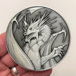 Silver metal coin with dragon held in hand