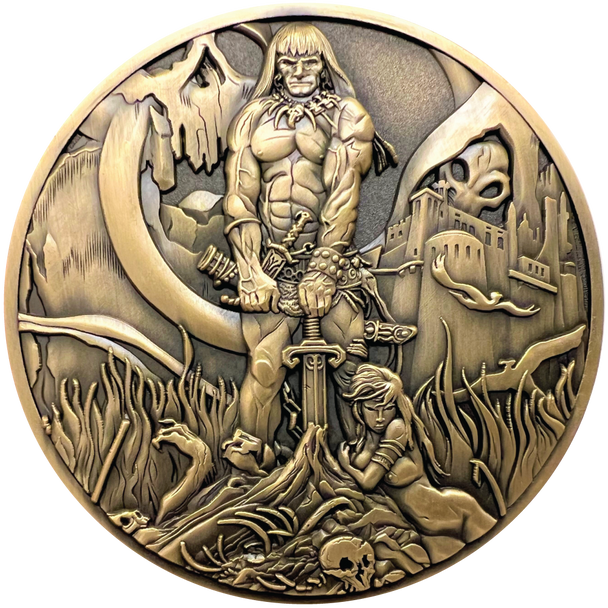 Gold metal coin showing Barbarian