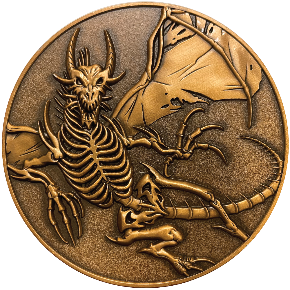 Copper metal coin showing skeleton dragon