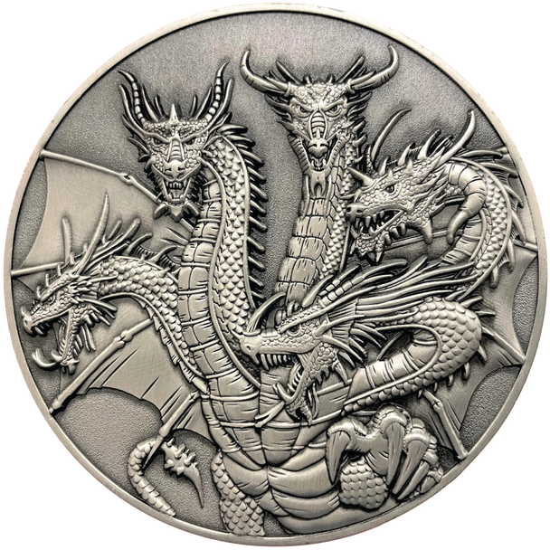 Silver metal coin showing Five-Headed dragon