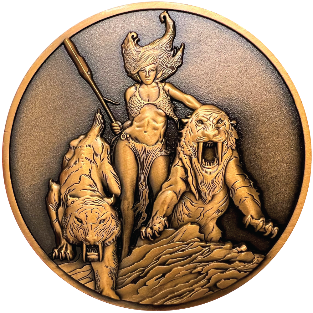 Copper metal coin showing Huntress