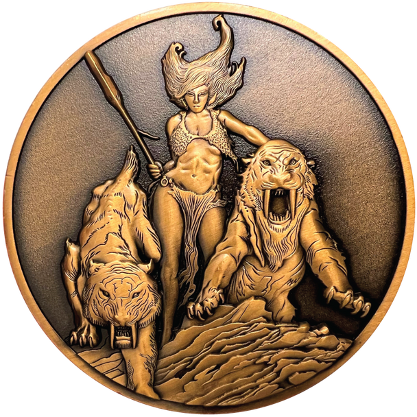 Copper metal coin showing Huntress