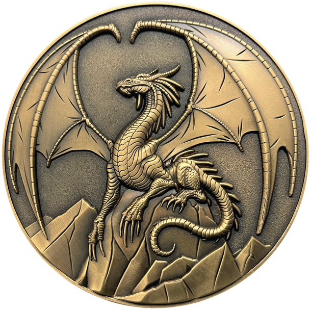 Gold metal coin showing Lawful Gold Dragon