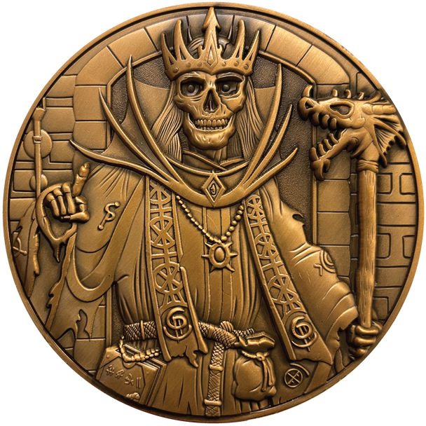 Copper metal coin showing Lich