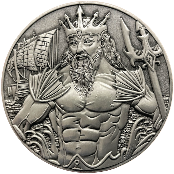 Silver metal coin with Poseidon