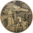 Gold metal coin showing fairy with dragon next to her