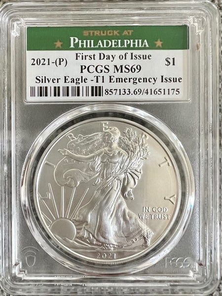 2021-P 1 oz Silver American Eagle First Day T1 MS-69 PCGS