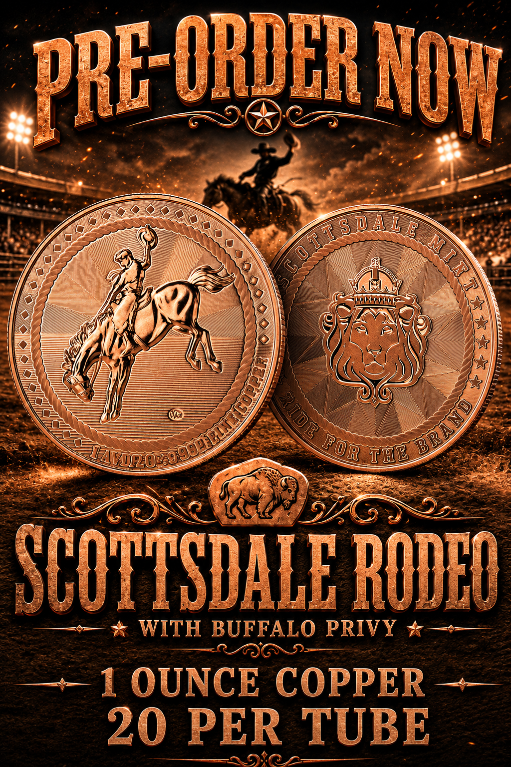 Scottsdale Cowboy Rodeo w/Buffalo Privy (Tube of 20) — copper coin product photo