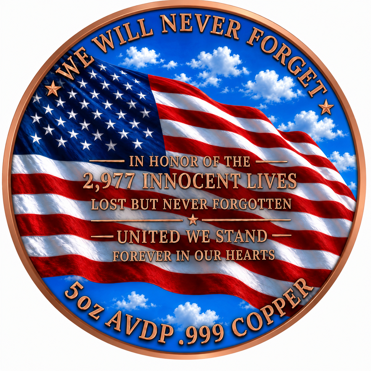 Never Forget 9-11 5oz Copper — copper coin product photo
